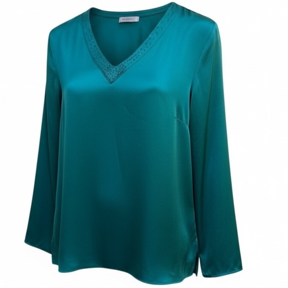 Chicos Teal Green Satin Beaded V-Neck Blouse Long Sleeve Top